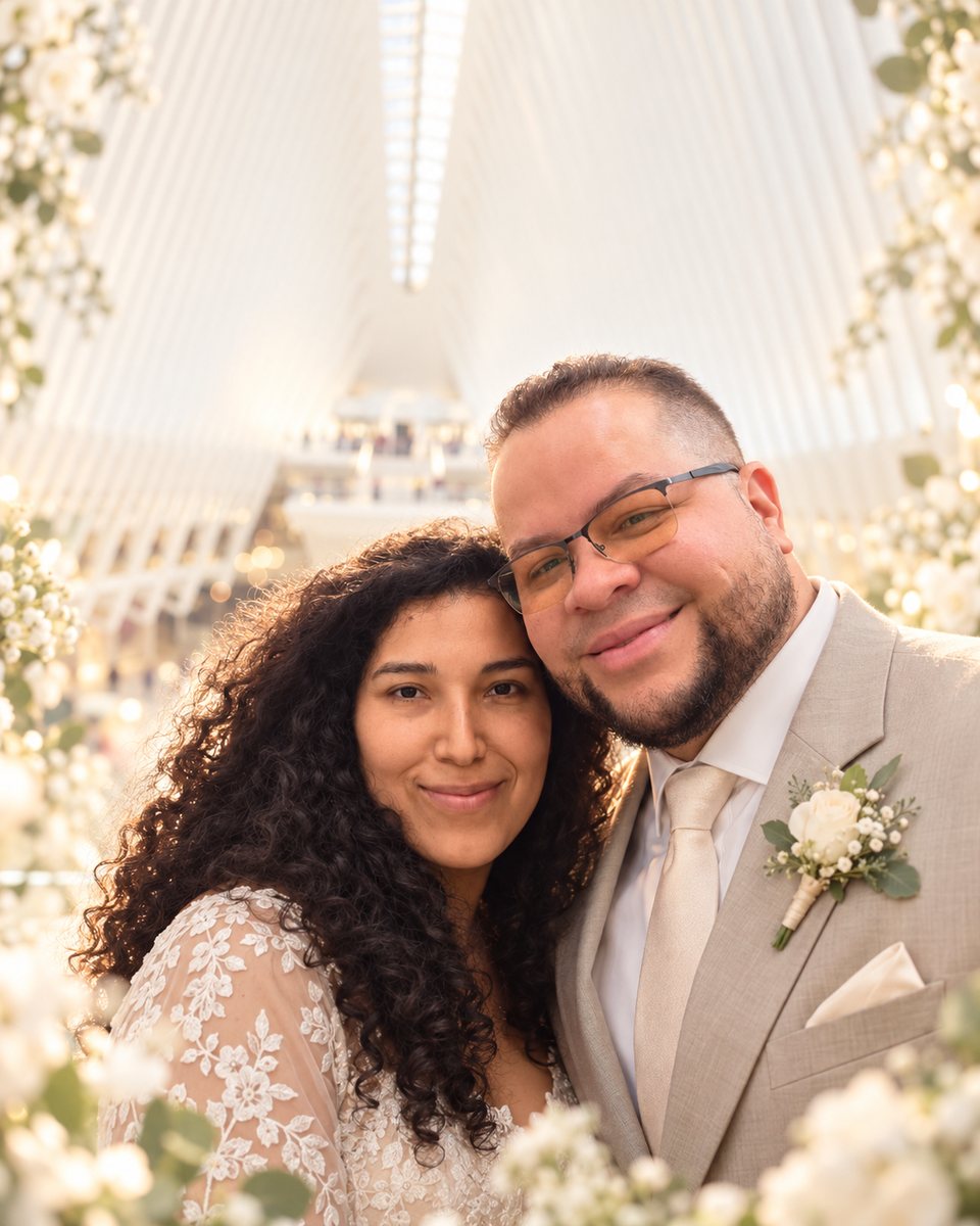 Los novios abrazados, ella con vestido de encaje y él con traje beige